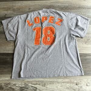 vintage 1990s y2k dynasty javier lopez 18 gray‎ orange orioles player t-shirt